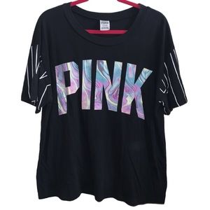 Pink Victorias Secret large black crop long sleeve tshirt "PINK" swirl graphic